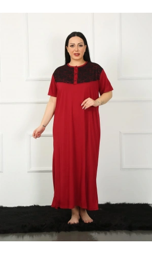 Moda Çizgi Big Dantelli Kısa Kol Bordo Anne Gecelik 1348