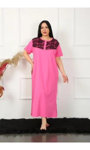 Moda Çizgi Big Dantelli Kısa Kol Fuşya Anne Gecelik 1348