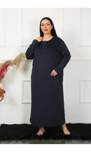 Moda Çizgi Big Uzun Kol Dantelli Lacivert Anne Gecelik 1355