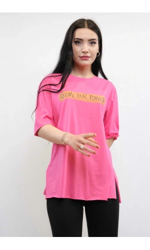 Moda Çizgi Bisiklet Yaka Oversize Tshirt Pembe