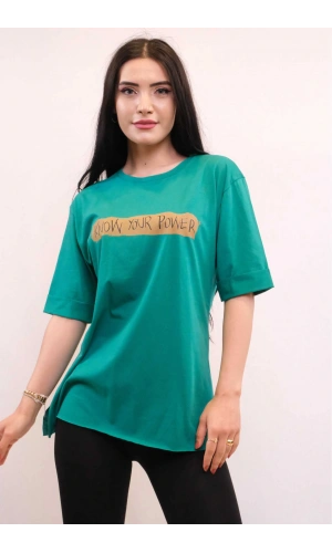 Moda Çizgi Bisiklet Yaka Oversize Tshirt Yeşil