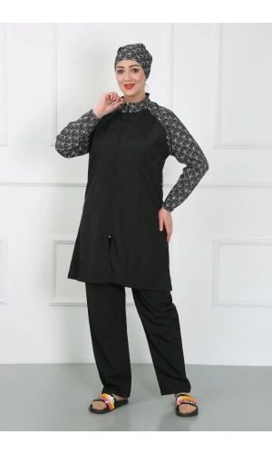 Moda Çizgi Büyük Beden Desenli Tesettür Mayo Siyah 44030