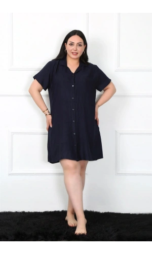 Moda Çizgi Büyük Beden Dokuma Düğmeli Lacivert Tunik Gecelik 1022