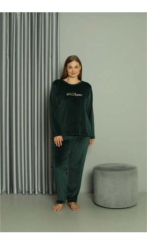 Moda Çizgi Büyük Beden Kadın Kadife Yeşil Pijama Takım 20628