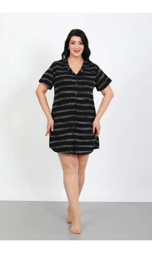 Moda Çizgi Büyük Beden Penye Düğmeli Siyah Tunik Gecelik 1033