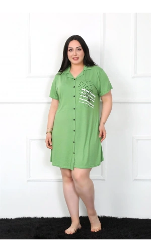 Moda Çizgi Büyük Beden Penye Düğmeli Yeşil Tunik Gecelik 1025