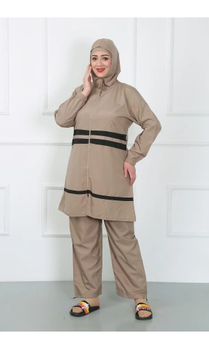 Moda Çizgi Büyük Beden Tesettür Mayo Bej 44020