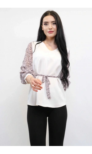 Moda Çizgi Büzgülü Şifon Kol Bluz Ekru