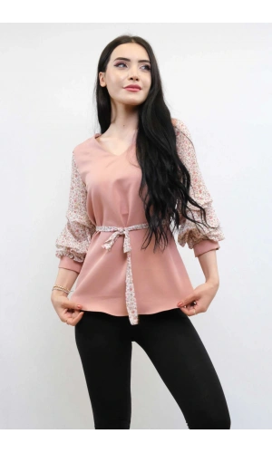 Moda Çizgi Büzgülü Şifon Kol Bluz Pudra