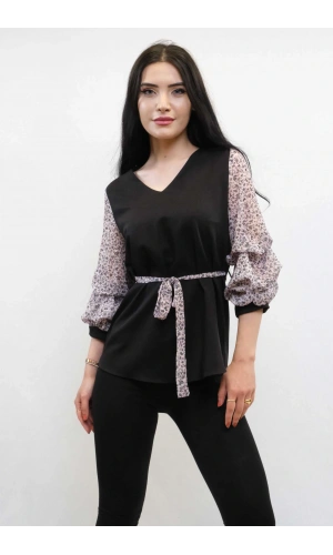 Moda Çizgi Büzgülü Şifon Kol Bluz Siyah