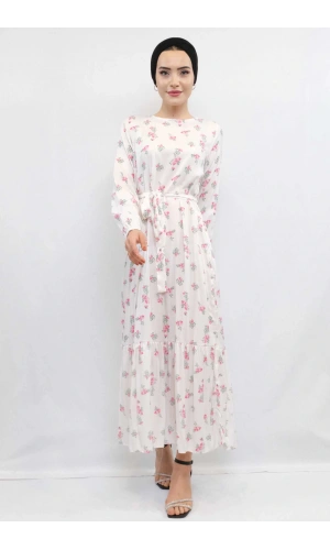 Moda Çizgi Çiçek Desenli Elbise Ekru