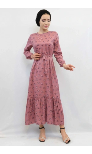 Moda Çizgi Çiçek Desenli Elbise Gül Kurusu