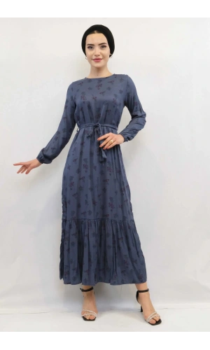Moda Çizgi Çiçek Desenli Elbise İndigo