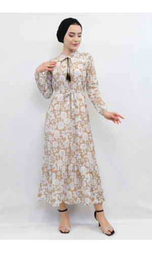 Moda Çizgi Çiçek Desenli  Pileli Elbise Bej