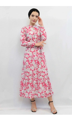 Moda Çizgi Çiçek Desenli  Pileli Elbise Fuşya