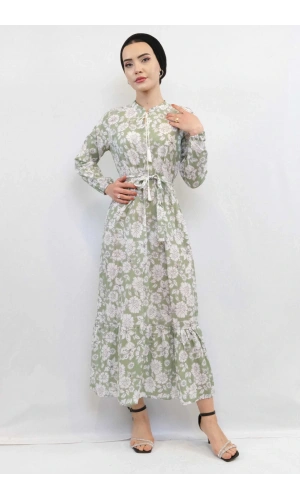 Moda Çizgi Çiçek Desenli  Pileli Elbise Mint