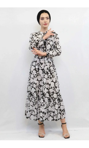 Moda Çizgi Çiçek Desenli  Pileli Elbise Siyah