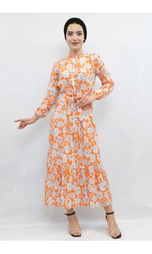 Moda Çizgi Çiçek Desenli  Pileli Elbise Turuncu