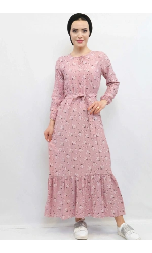 Moda Çizgi Çiçekli Elbise Gül Kurusu