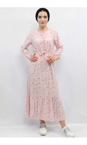 Moda Çizgi Çiçekli Elbise Pudra