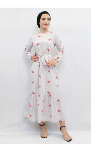 Moda Çizgi Desenli Elbise Fuşya