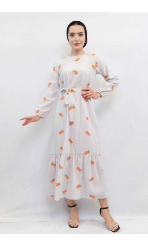 Moda Çizgi Desenli Elbise Turuncu