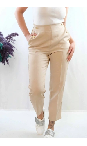 Moda Çizgi Düğme Aksesuarlı Yüksek Bel Pantolon Bej