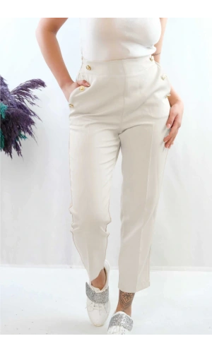 Moda Çizgi Düğme Aksesuarlı Yüksek Bel Pantolon Ekru
