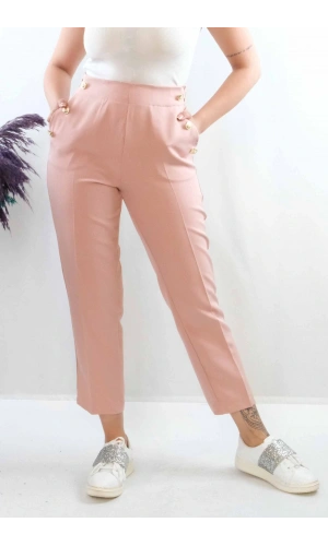 Moda Çizgi Düğme Aksesuarlı Yüksek Bel Pantolon Pudra