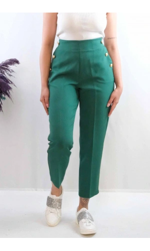 Moda Çizgi Düğme Aksesuarlı Yüksek Bel Pantolon Zümrüt