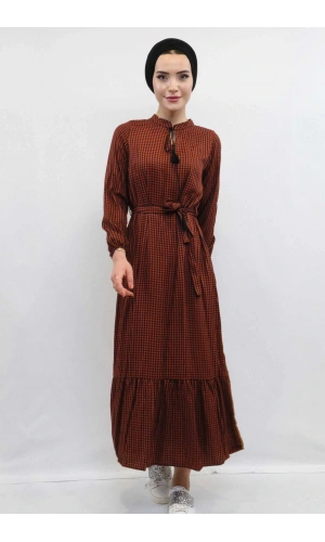 Moda Çizgi Ekose Elbise Kiremit