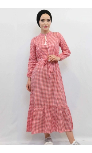 Moda Çizgi Ekose Elbise Kırmızı