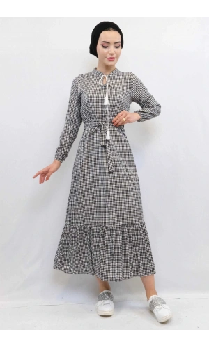 Moda Çizgi Ekose Elbise Siyah