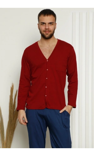 Moda Çizgi Erkek %100 Pamuk Önden Düğmeli Cepli Uzun Kollu Pijama Takımı 6767