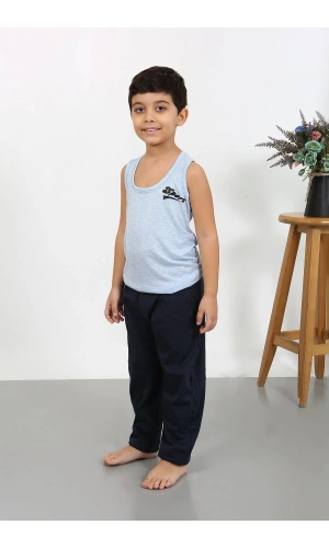 Moda Çizgi Erkek Çocuk Sıfır Kol Penye Pijama Takım Mavi 20439