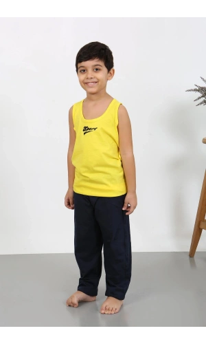 Moda Çizgi Erkek Çocuk Sıfır Kol Penye Pijama Takım Sarı 20439