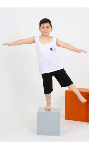 Moda Çizgi Erkek Çocuk Sıfır Kol Şortlu Beyaz Penye Pijama Takımı 20434