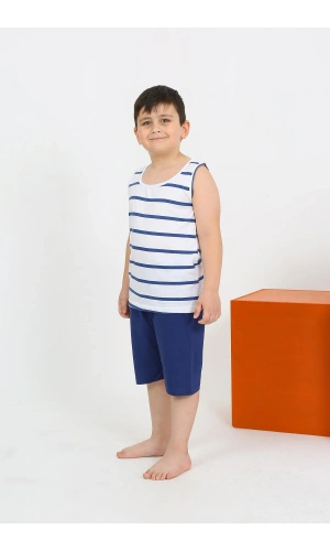Moda Çizgi Erkek Çocuk Sıfır Kol Şortlu Beyaz Penye Pijama Takımı 20435