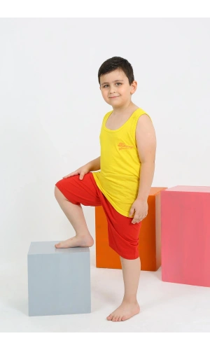 Moda Çizgi Erkek Çocuk Sıfır Kol Şortlu Sarı Penye Pijama Takımı 20434