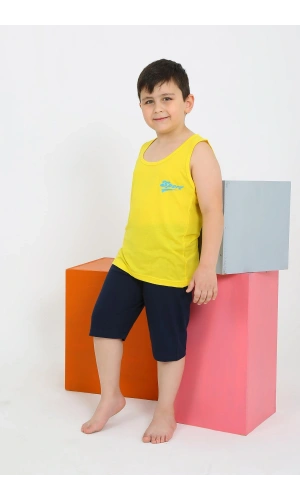 Moda Çizgi Erkek Çocuk Sıfır Kol Şortlu Sarı Penye Pijama Takımı 20435