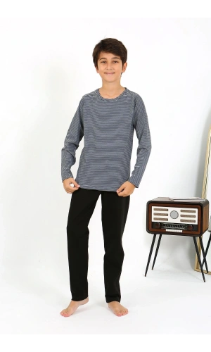 Moda Çizgi Erkek Çocuk Uzun Kol Penye Pijama Takım 20438 Gri