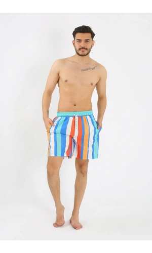 Moda Çizgi Erkek Desenli Fermuar Cepli Deniz Şortu Mavi 27526