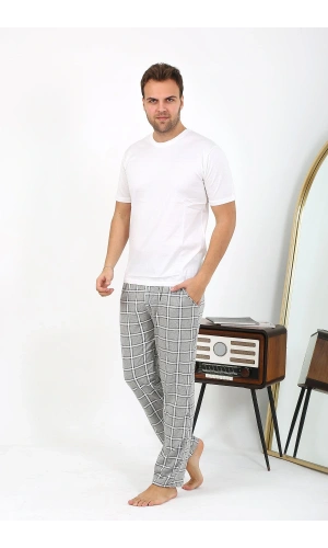 Moda Çizgi Erkek Ekoseli Desen Penye Tek Alt Pijama 27540 Gri