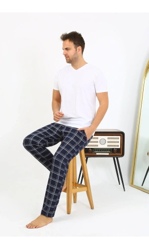 Moda Çizgi Erkek Ekoseli Desen Penye Tek Alt Pijama 27540 Lacivert