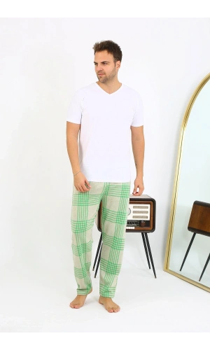 Moda Çizgi Erkek Ekoseli Desen Penye Tek Alt Pijama 27540 Yeşil