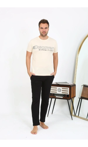 Moda Çizgi Erkek Kısa Kol Penye Pijama Takımı 6866 Krem
