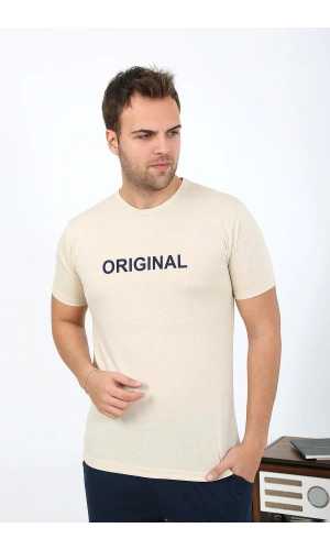 Moda Çizgi Erkek Kısa Kol Penye Pijama Takımı 6867 Krem