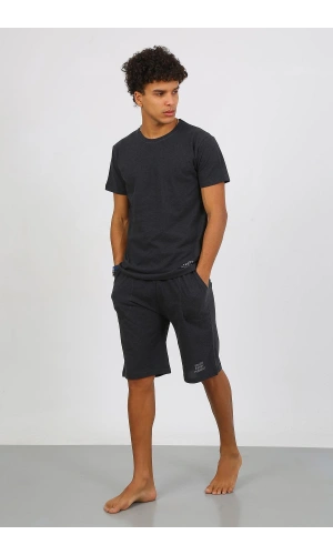 Moda Çizgi Erkek Pamuk Lakost Alt Üst Kaprili Pijama Takım Füme 6872