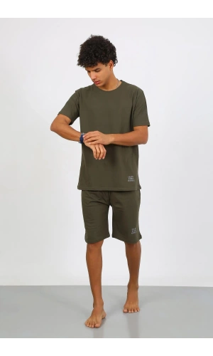 Moda Çizgi Erkek Pamuk Lakost Alt Üst Kaprili Pijama Takım Haki 6872