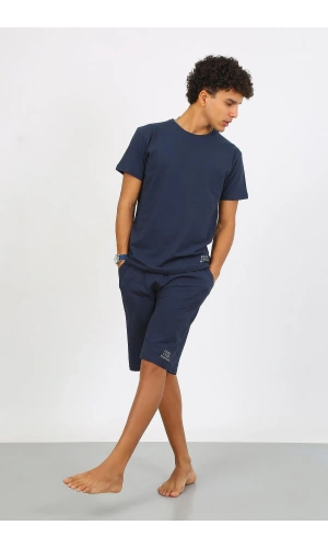 Moda Çizgi Erkek Pamuk Lakost Alt Üst Kaprili Pijama Takım Lacivert 6872